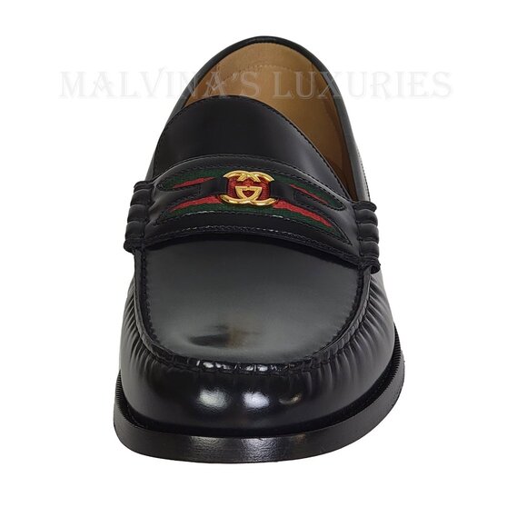 GUCCI SHOES MENS LOAFERS WEB BIT-STRAP G LOGO BLACK LEATHER sz 12.5 US 13 - Picture 11 of 15